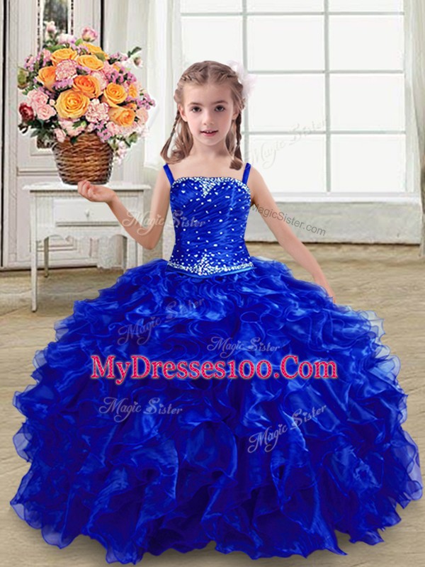 Sleeveless Floor Length Beading and Ruffles Lace Up Kids Pageant Dress with Royal Blue