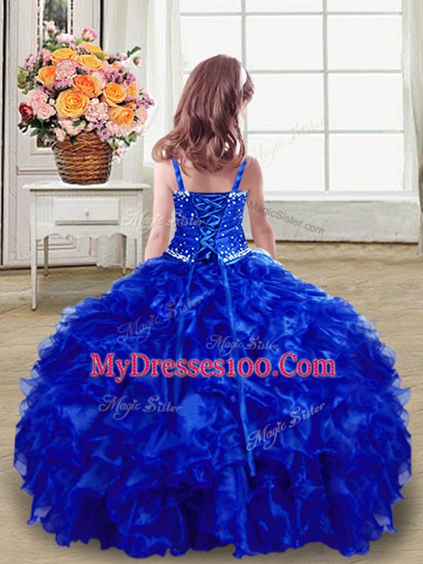 Sleeveless Floor Length Beading and Ruffles Lace Up Kids Pageant Dress with Royal Blue