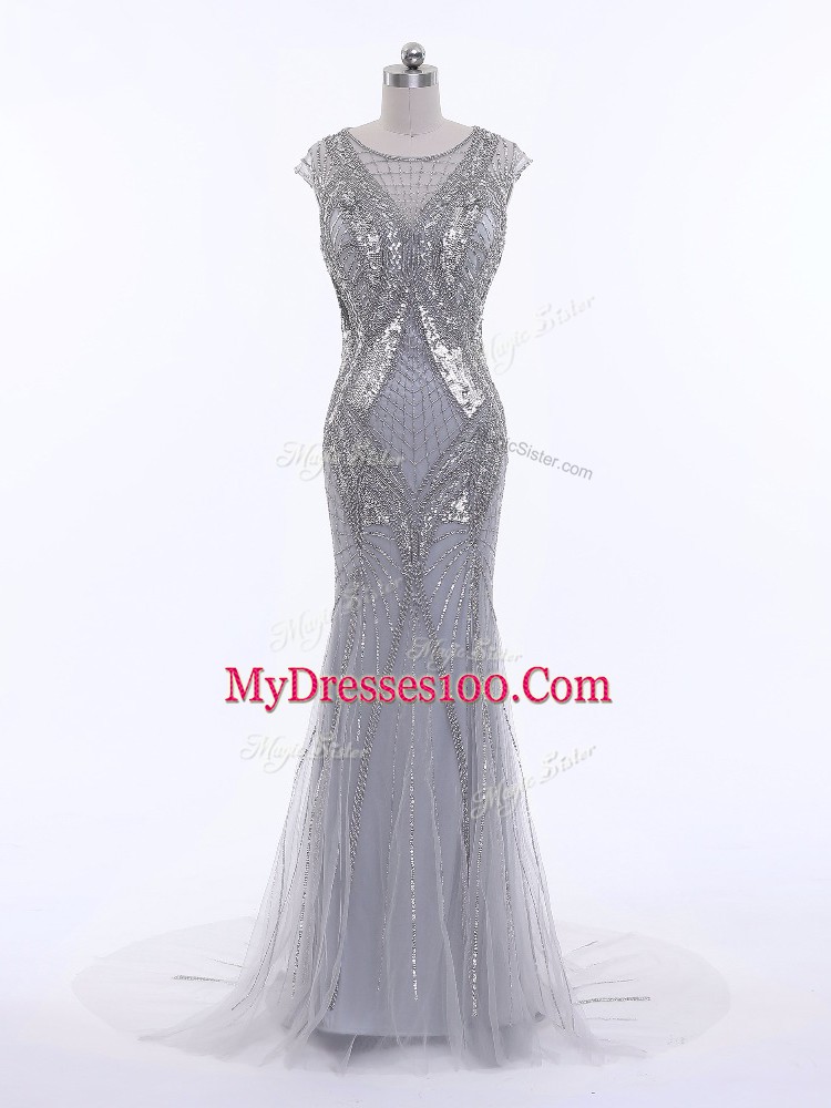 Grey Scoop Neckline Beading Pageant Dress for Teens Cap Sleeves Zipper