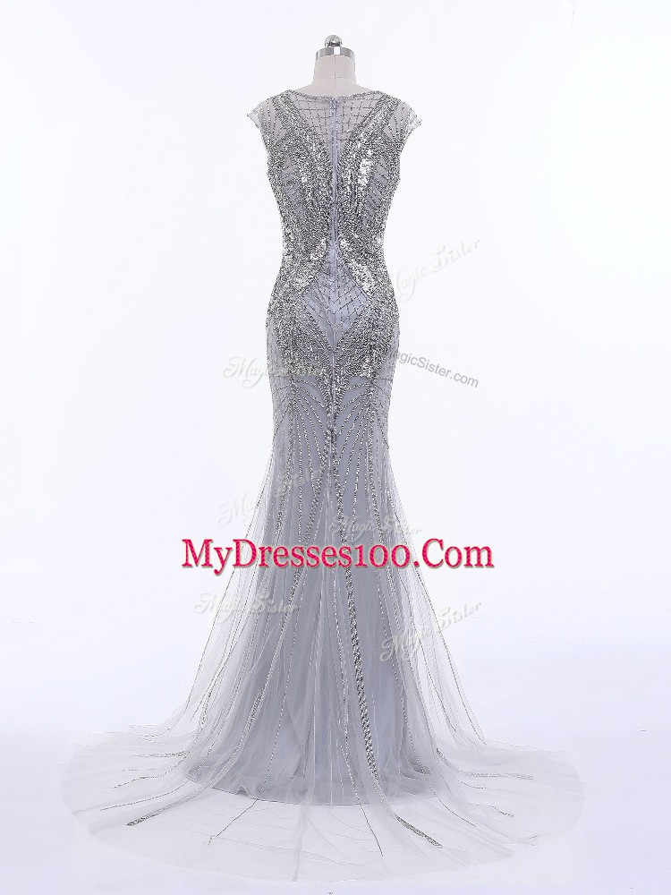 Grey Scoop Neckline Beading Pageant Dress for Teens Cap Sleeves Zipper