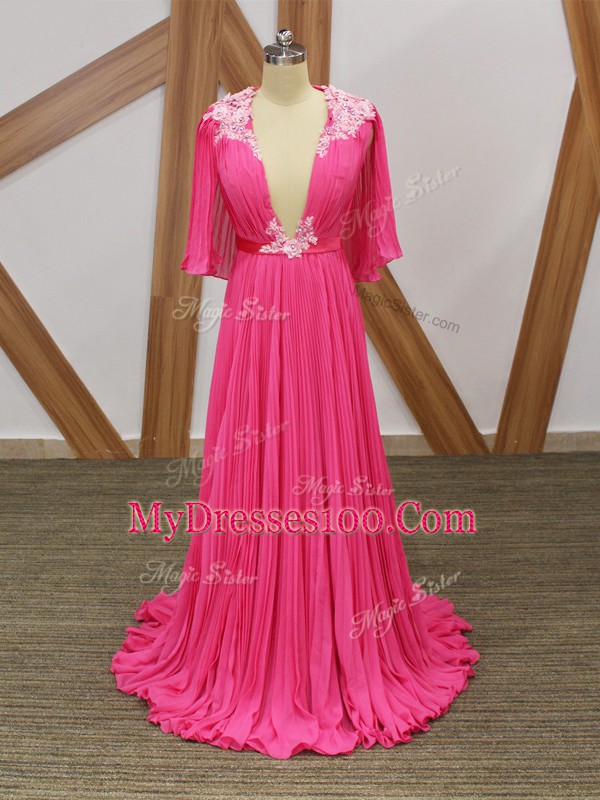Hot Pink Empire Lace and Appliques and Pleated Dress for Prom Backless Chiffon Half Sleeves