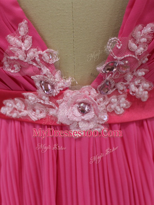 Hot Pink Empire Lace and Appliques and Pleated Dress for Prom Backless Chiffon Half Sleeves