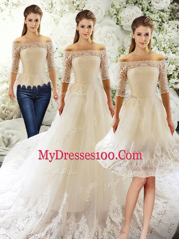 New Style Tulle Off The Shoulder Half Sleeves Court Train Clasp Handle Lace Bridal Gown in White
