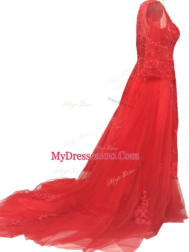 Dazzling Tulle Long Sleeves Dress for Prom Brush Train and Lace and Appliques and Belt