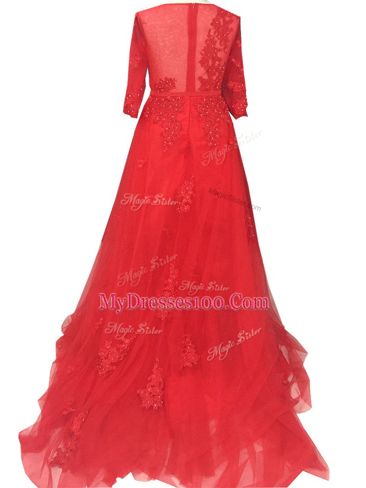 Dazzling Tulle Long Sleeves Dress for Prom Brush Train and Lace and Appliques and Belt