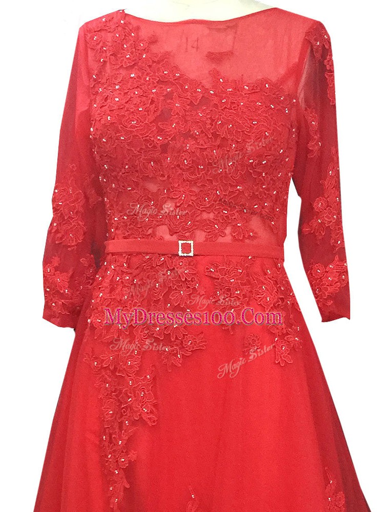 Dazzling Tulle Long Sleeves Dress for Prom Brush Train and Lace and Appliques and Belt
