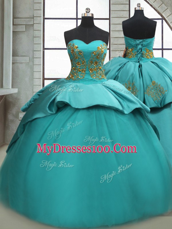 Sleeveless Beading and Appliques Lace Up 15 Quinceanera Dress with Turquoise Sweep Train
