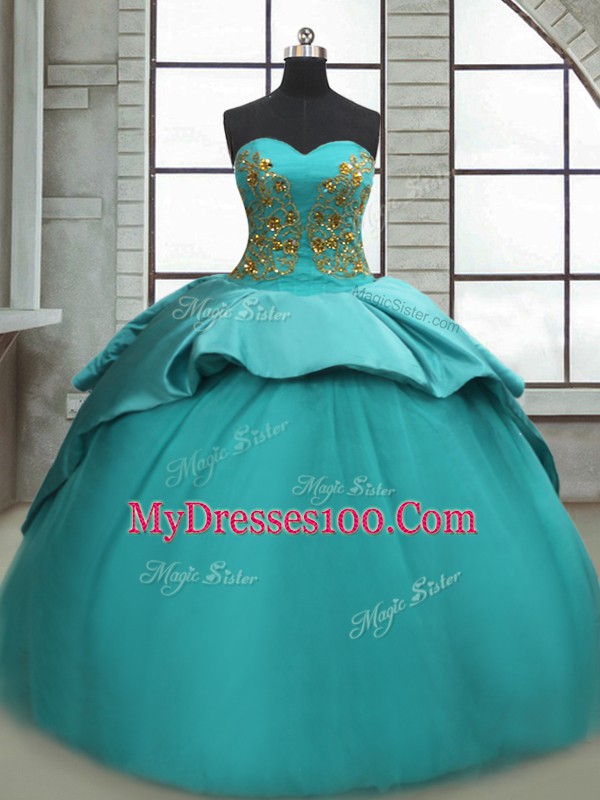 Sleeveless Beading and Appliques Lace Up 15 Quinceanera Dress with Turquoise Sweep Train