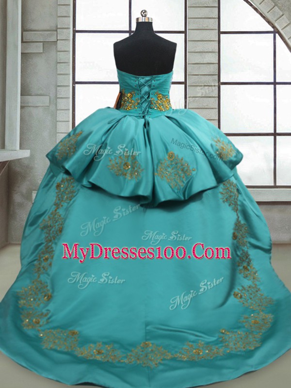 Sleeveless Beading and Appliques Lace Up 15 Quinceanera Dress with Turquoise Sweep Train