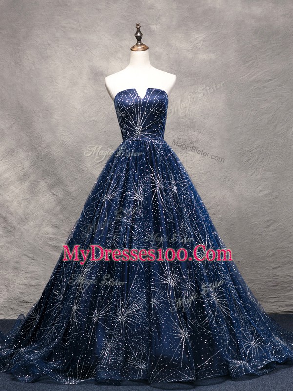Navy Blue V-neck Lace Up Beading Dress for Prom Brush Train Sleeveless