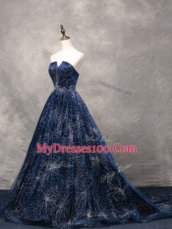 Navy Blue V-neck Lace Up Beading Dress for Prom Brush Train Sleeveless