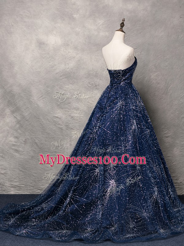 Navy Blue V-neck Lace Up Beading Dress for Prom Brush Train Sleeveless