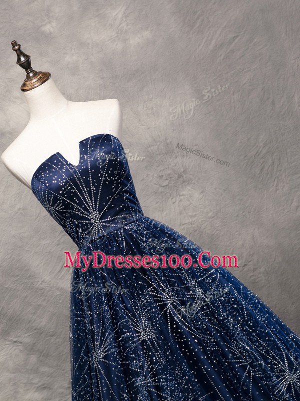Navy Blue V-neck Lace Up Beading Dress for Prom Brush Train Sleeveless