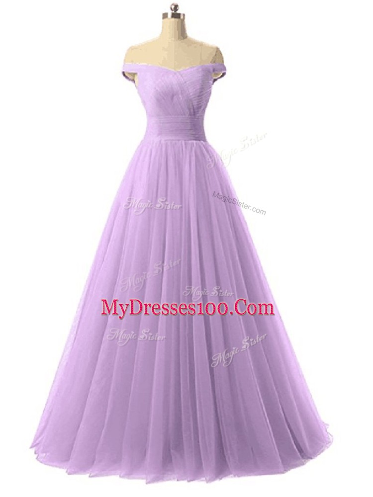 Lavender Off The Shoulder Neckline Ruching Prom Evening Gown Sleeveless Lace Up
