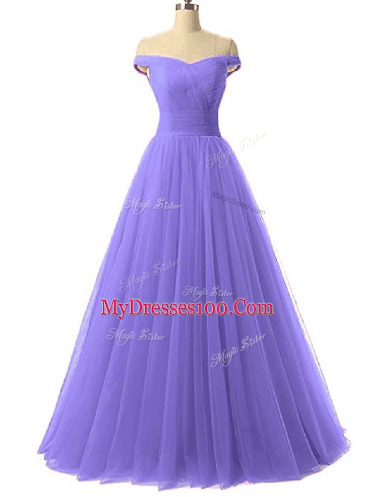 Lavender Off The Shoulder Neckline Ruching Prom Evening Gown Sleeveless Lace Up