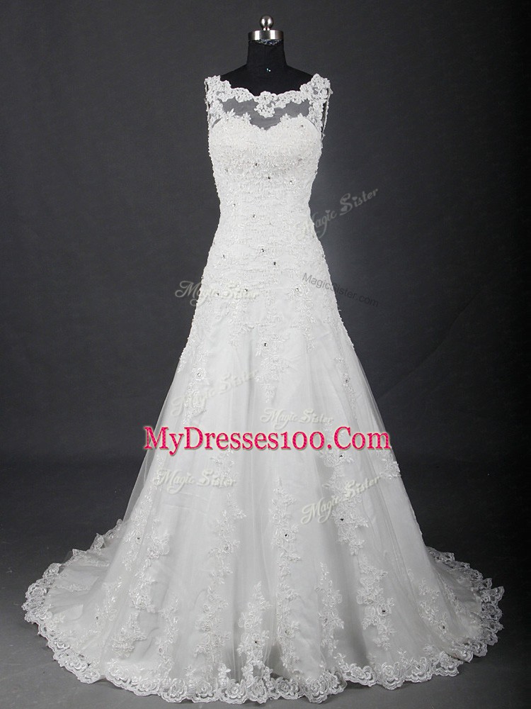 White Wedding Gowns Scoop Sleeveless Brush Train Lace Up