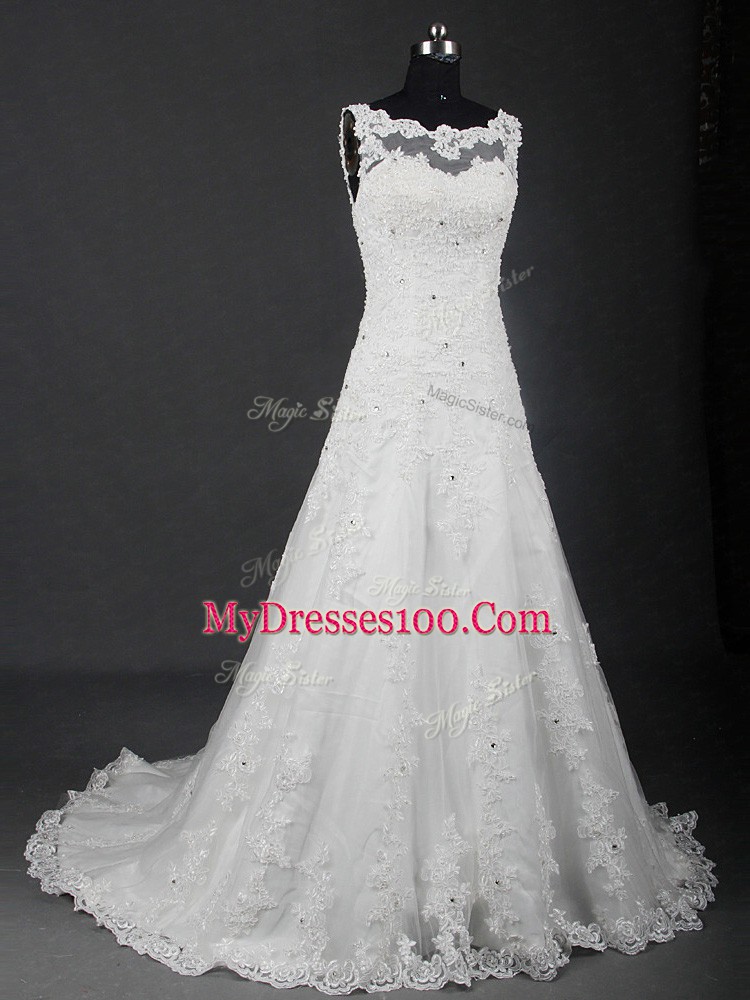 White Wedding Gowns Scoop Sleeveless Brush Train Lace Up