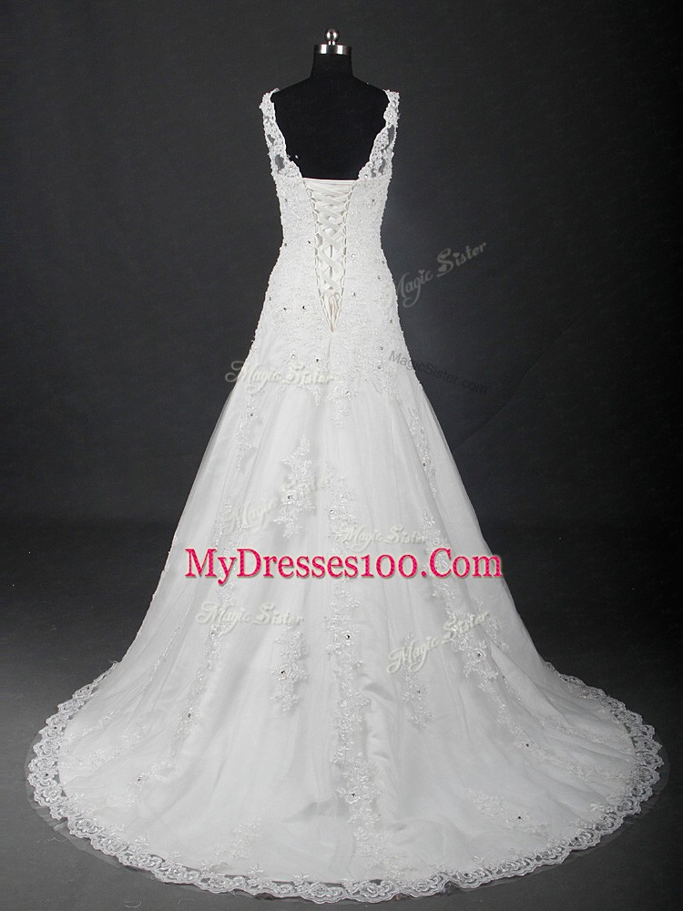 White Wedding Gowns Scoop Sleeveless Brush Train Lace Up