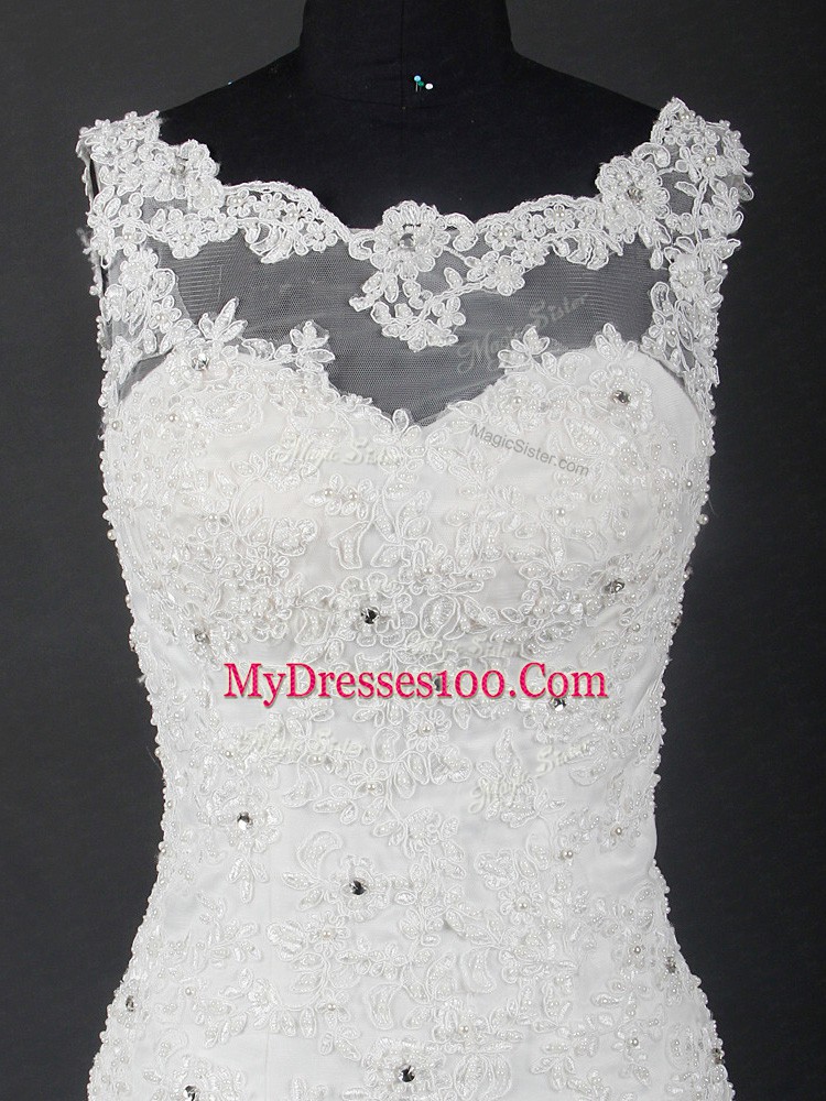 White Wedding Gowns Scoop Sleeveless Brush Train Lace Up