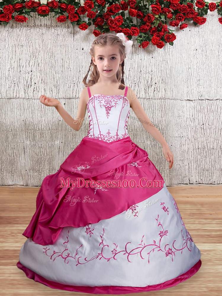 Hot Pink Lace Up Kids Formal Wear Embroidery Sleeveless Floor Length