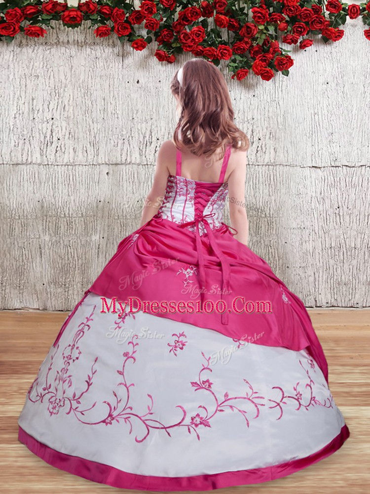 Hot Pink Lace Up Kids Formal Wear Embroidery Sleeveless Floor Length