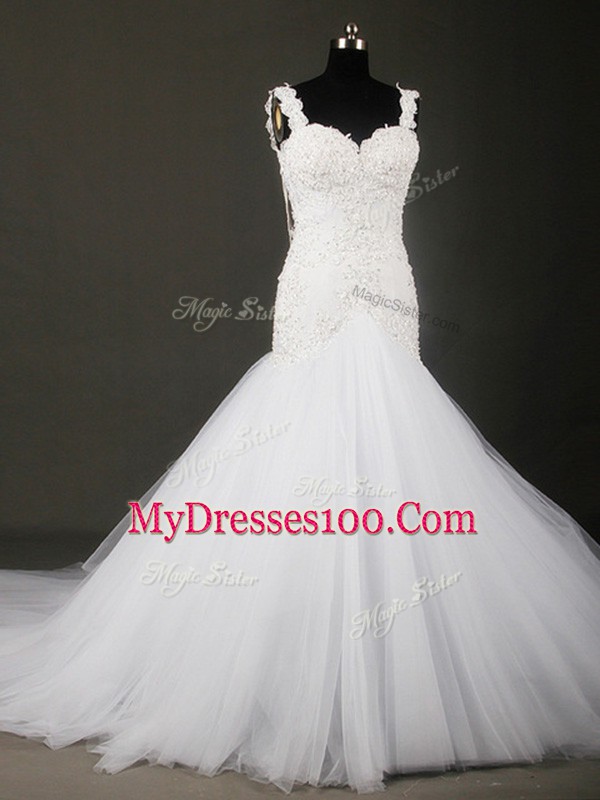 Modern Straps Sleeveless Tulle Bridal Gown Beading and Lace Court Train Backless