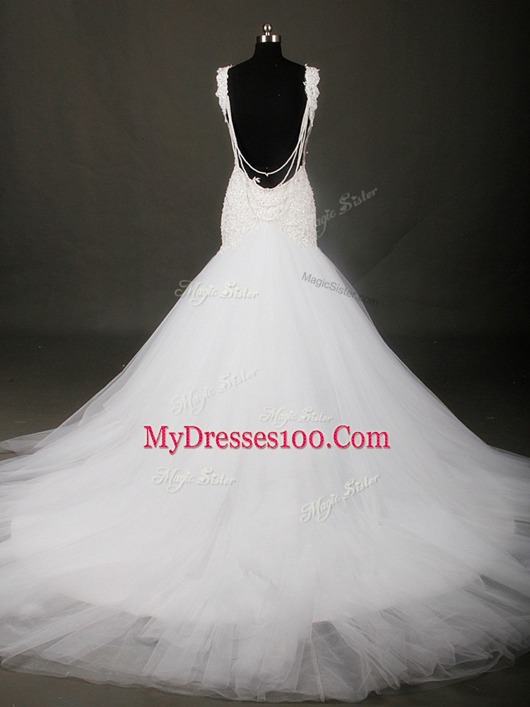 Modern Straps Sleeveless Tulle Bridal Gown Beading and Lace Court Train Backless