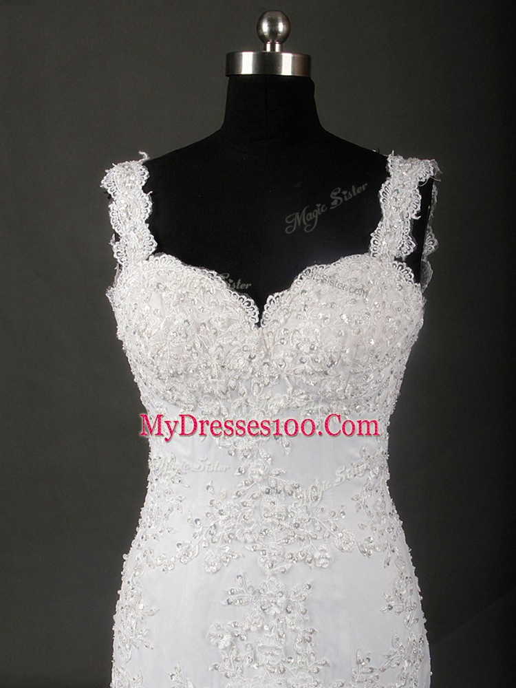 Modern Straps Sleeveless Tulle Bridal Gown Beading and Lace Court Train Backless