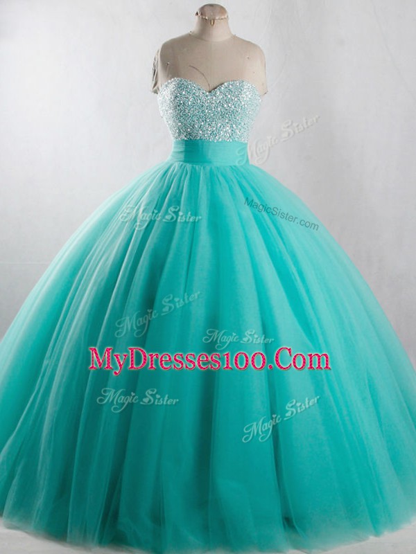 Stunning Turquoise Strapless Lace Up Beading Quinceanera Gown Sleeveless