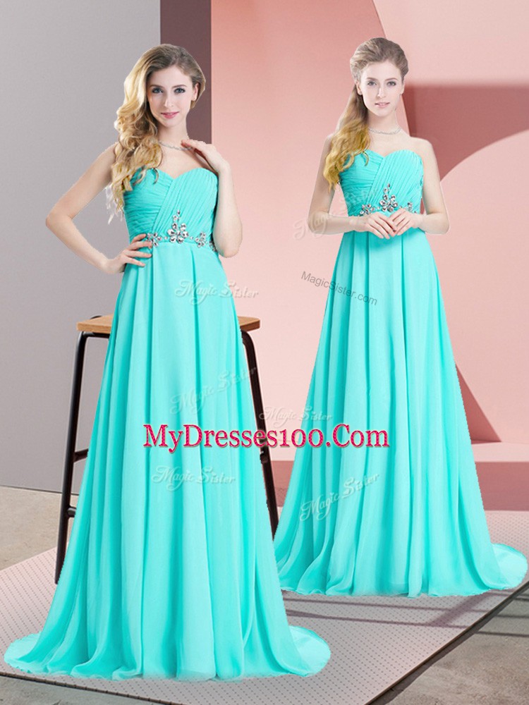 Sleeveless Brush Train Beading and Ruching Lace Up Dress for Prom
