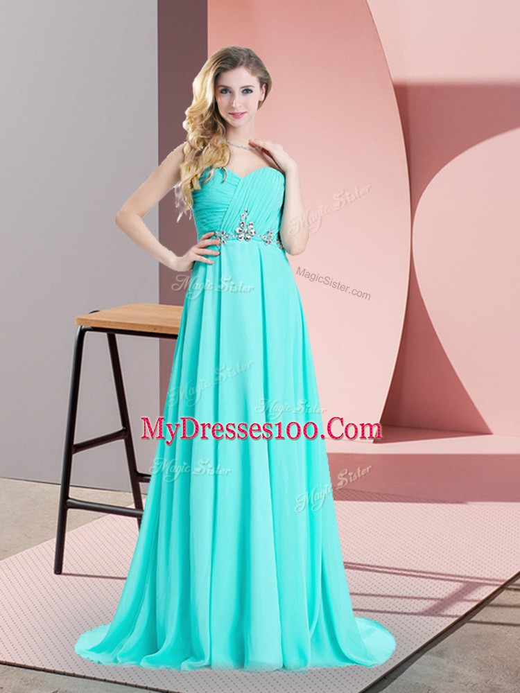 Sleeveless Brush Train Beading and Ruching Lace Up Dress for Prom