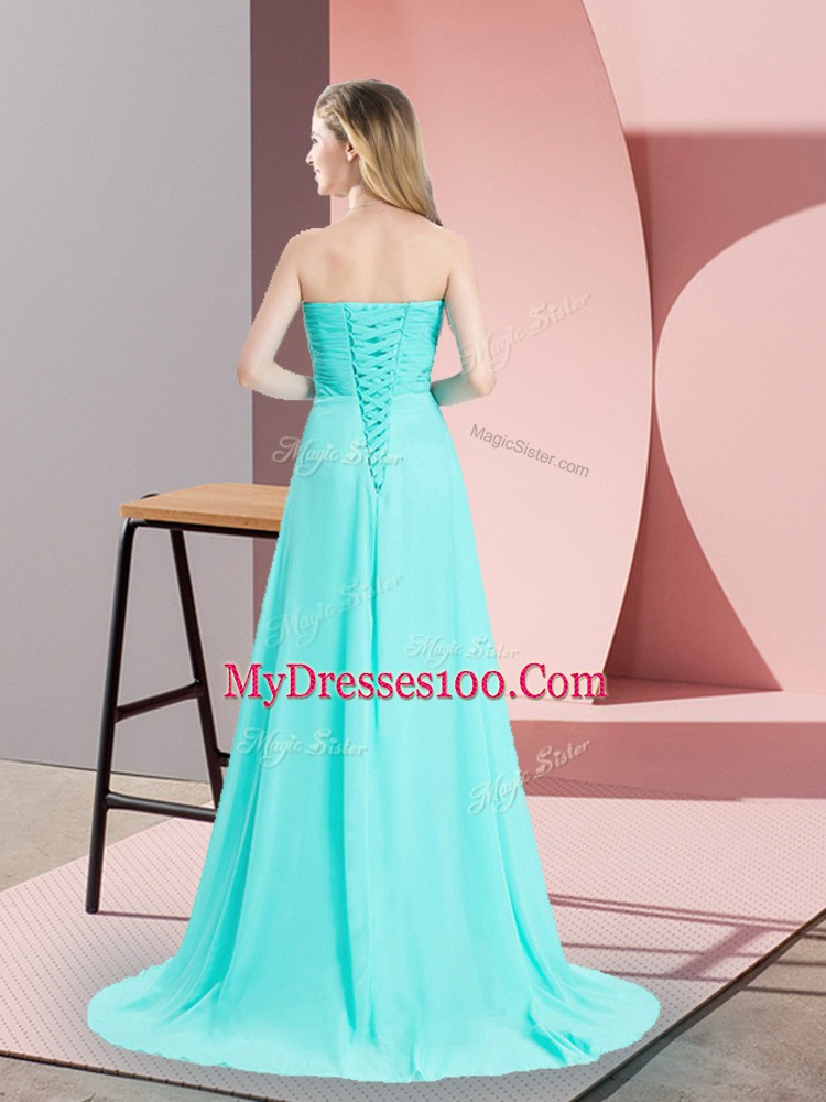 Sleeveless Brush Train Beading and Ruching Lace Up Dress for Prom