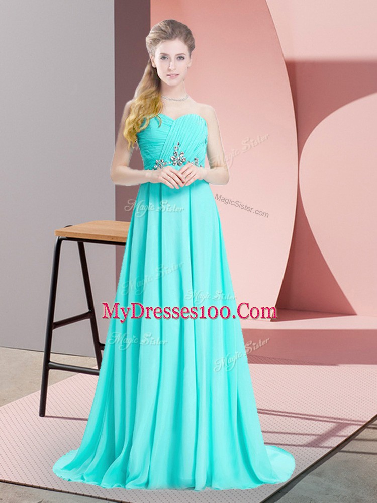 Sleeveless Brush Train Beading and Ruching Lace Up Dress for Prom