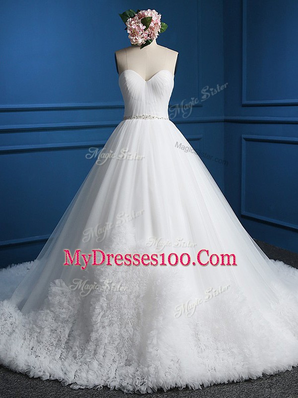 Decent White A-line Sweetheart Sleeveless Tulle Court Train Zipper Beading Bridal Gown