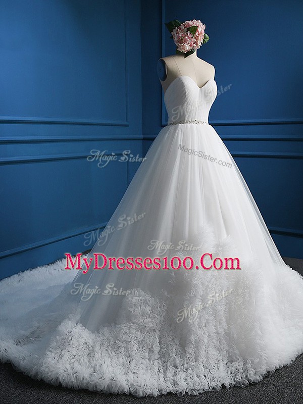 Decent White A-line Sweetheart Sleeveless Tulle Court Train Zipper Beading Bridal Gown