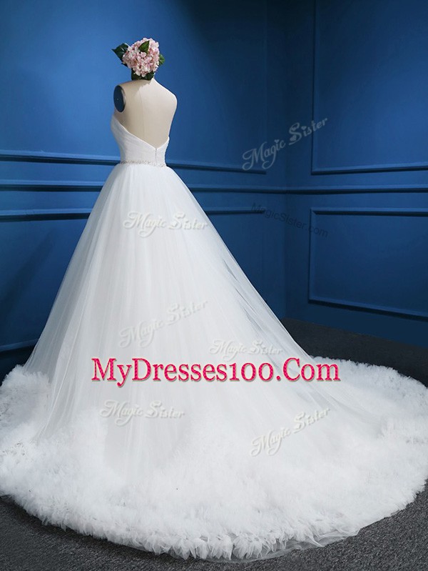 Decent White A-line Sweetheart Sleeveless Tulle Court Train Zipper Beading Bridal Gown