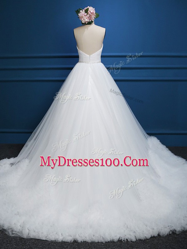 Decent White A-line Sweetheart Sleeveless Tulle Court Train Zipper Beading Bridal Gown