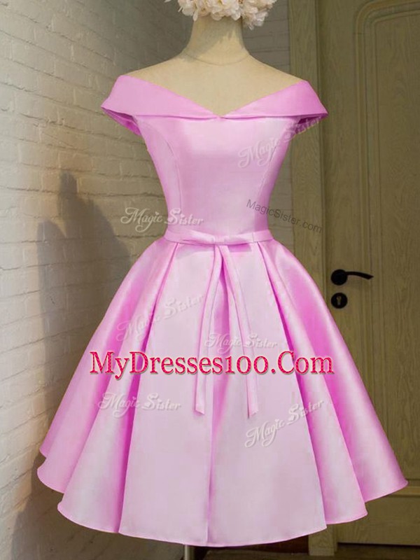 Sophisticated Lilac A-line Belt Bridesmaids Dress Lace Up Taffeta Cap Sleeves Knee Length