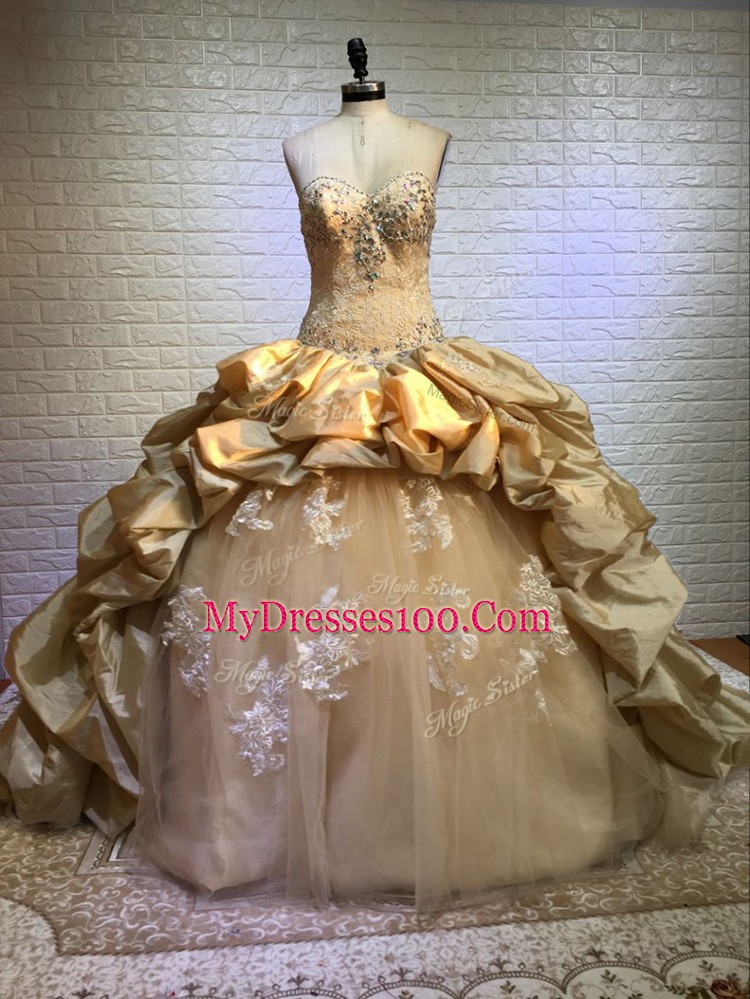 Gold Ball Gowns Sweetheart Sleeveless Taffeta and Tulle Court Train Lace Up Beading and Appliques and Pick Ups 15th Birthday Dress