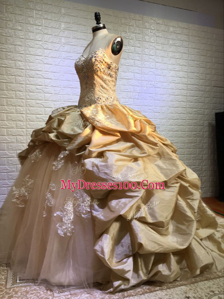 Gold Ball Gowns Sweetheart Sleeveless Taffeta and Tulle Court Train Lace Up Beading and Appliques and Pick Ups 15th Birthday Dress