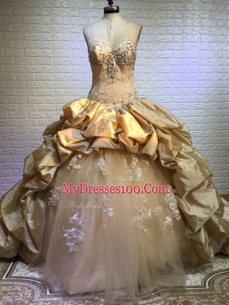 Gold Ball Gowns Sweetheart Sleeveless Taffeta and Tulle Court Train Lace Up Beading and Appliques and Pick Ups 15th Birthday Dress