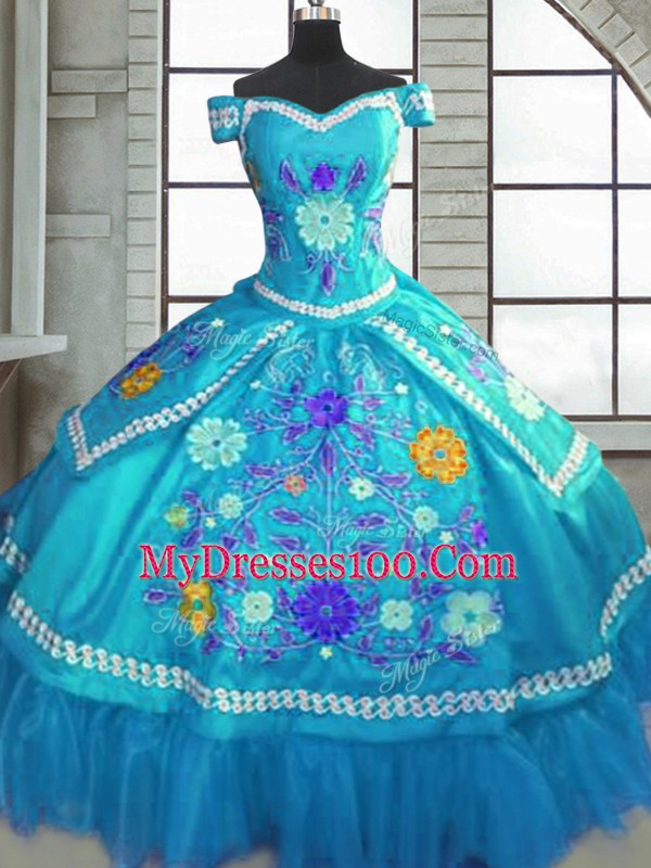 Short Sleeves Floor Length Beading and Embroidery Lace Up Quinceanera Dresses with Teal