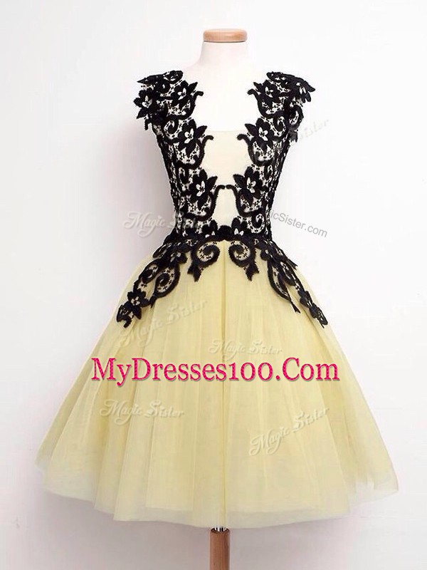 Gold Tulle Lace Up Wedding Party Dress Sleeveless Knee Length Lace