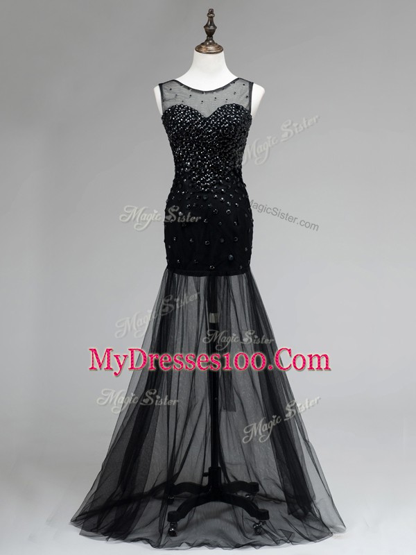 Black Sleeveless Floor Length Beading Backless Prom Evening Gown