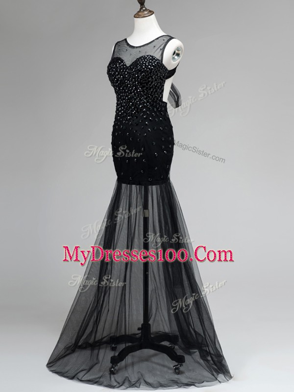 Black Sleeveless Floor Length Beading Backless Prom Evening Gown
