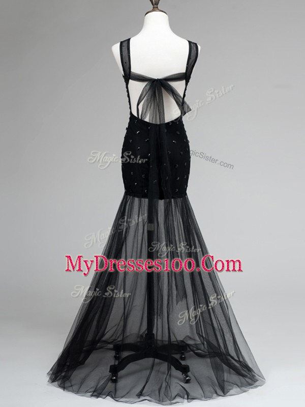 Black Sleeveless Floor Length Beading Backless Prom Evening Gown