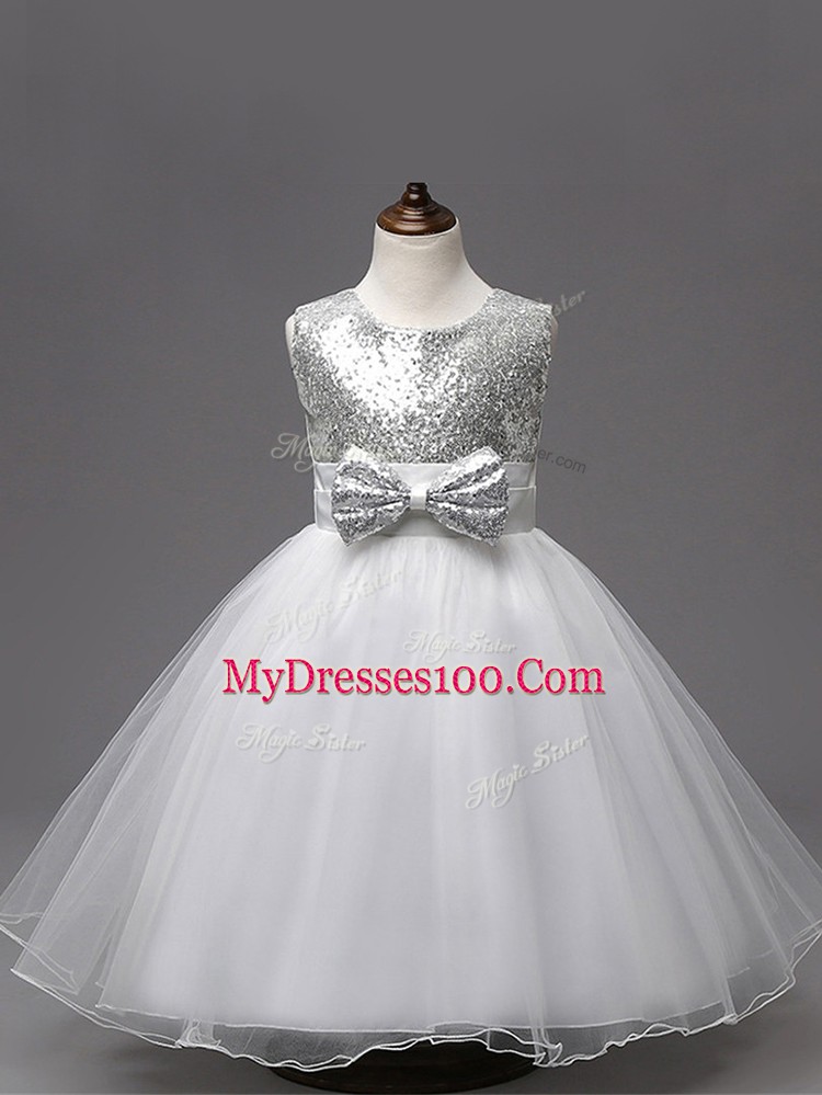 Pretty Ball Gowns Child Pageant Dress White Scoop Tulle Sleeveless Tea Length Zipper