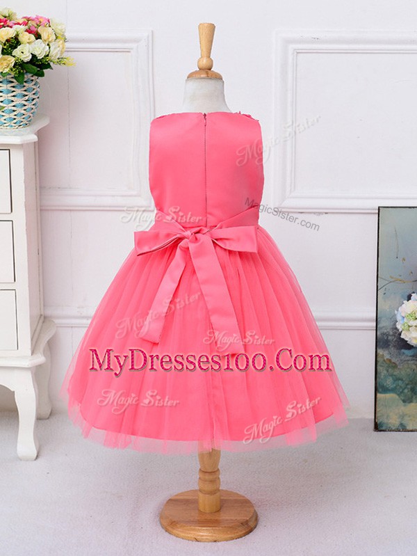 Custom Design Knee Length Hot Pink Kids Formal Wear Tulle Sleeveless Lace and Bowknot