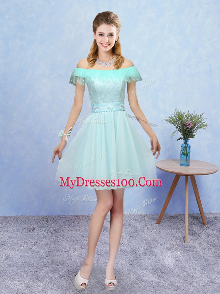 Aqua Blue Lace Up Bridesmaids Dress Lace Cap Sleeves Mini Length