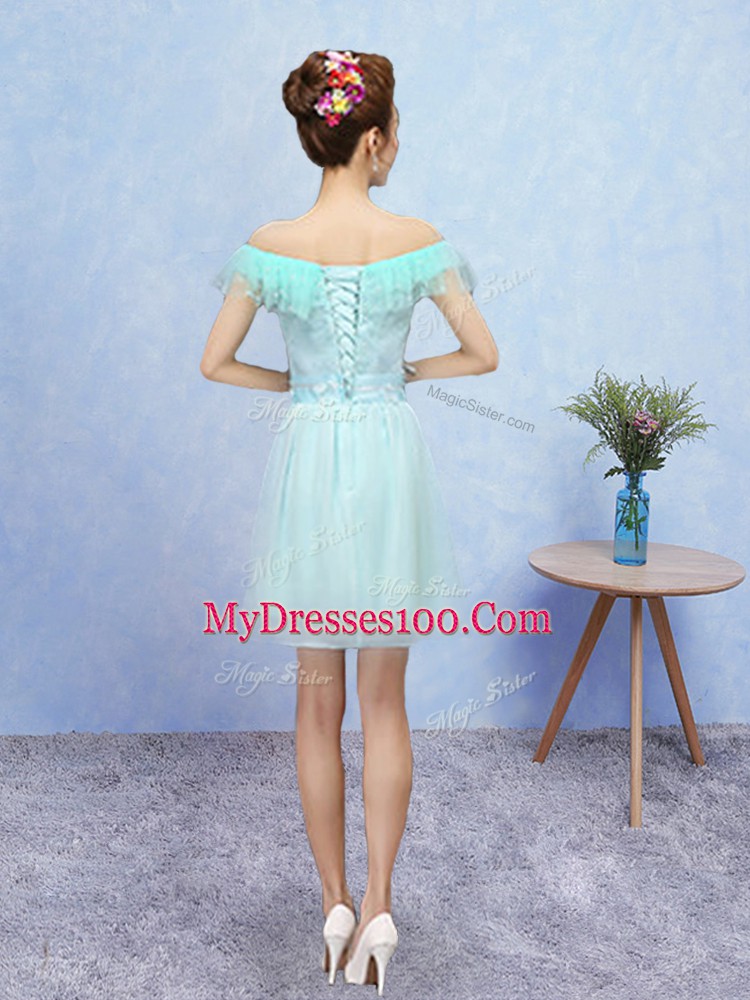 Aqua Blue Lace Up Bridesmaids Dress Lace Cap Sleeves Mini Length